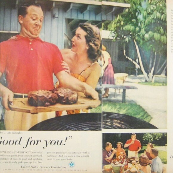 Vintage 1950s Beer Advertising Print With Backyard Barbecue Scene - Picture 2 of 2